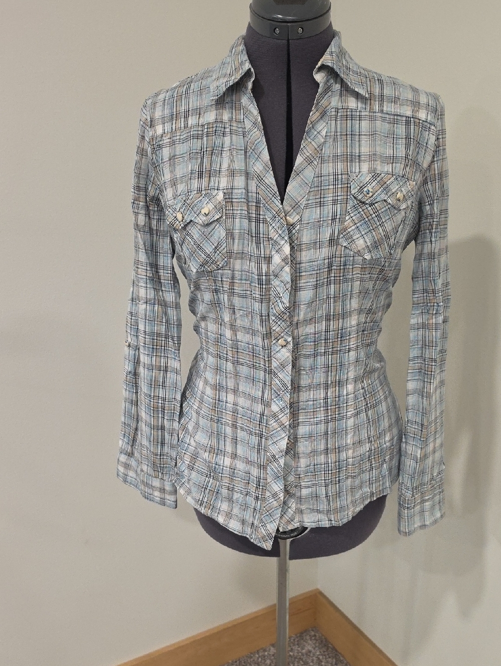 Maurices Light Blue Plaid Button-Down Shirt